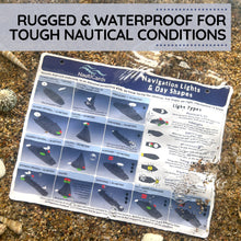 Load image into Gallery viewer, Nautical chart on a pebbly surface with text 'Rugged & Waterproof for Tough Nautical Conditions'.