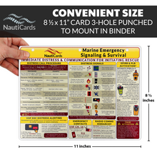 Load image into Gallery viewer, NautiCards marine emergency signaling and survival card held by a hand with dimensions displayed.