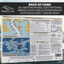 Load image into Gallery viewer, Back of a card with nautical chart and information, featuring NautiCards branding.