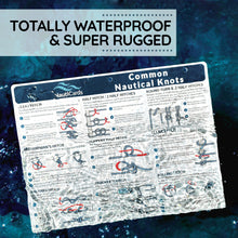 Load image into Gallery viewer, Nautical knots chart on a waterproof card floating in blue water
