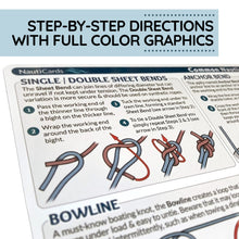 Load image into Gallery viewer, Zoomed in image of nautical knotting guide with step-by-step directions and full color graphics on a white background.
