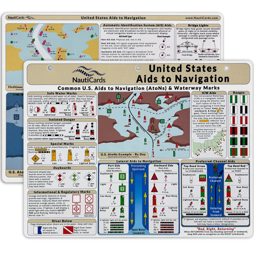 NautiCards United States Aids to Navigation chart with various navigational symbols and maps.