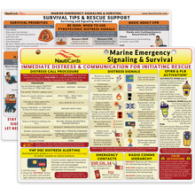 Load image into Gallery viewer, Image showing front and back of marine emergency signaling and survival guide with various safety tips and procedures.
